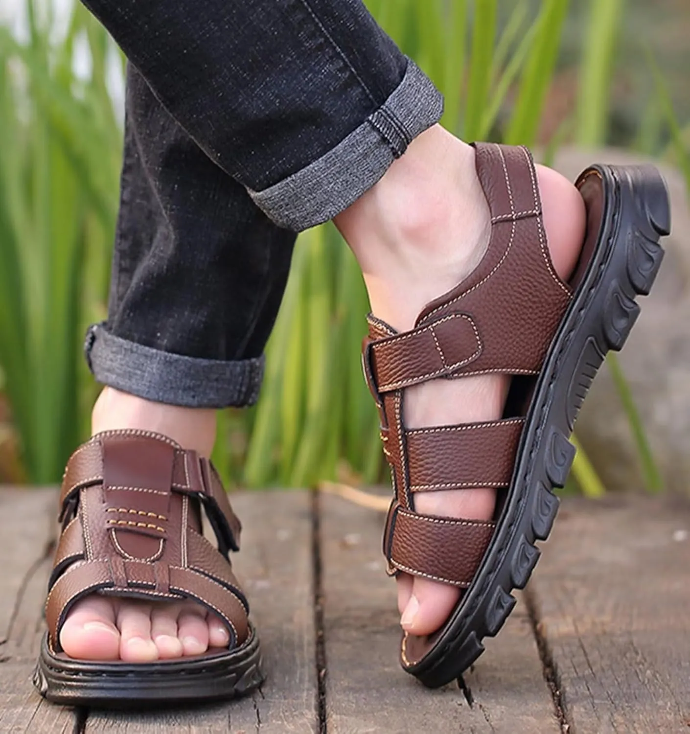 Mens Leather Sports Sandals Breathable Outdoor Walking Shoes Summer Beach Sandals for Hiking Trekking