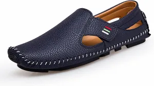 Men's Leather Square Toe Soft Sole Loafers with Hook&Loop,Breathable Comfortable Slip On Flat Moccasin Boat Shoes,Casual Fashion Walking Driving Shoes