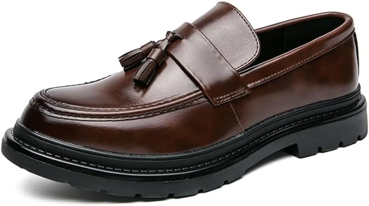 Men's Leather Tassel Platform Slip on Loafers Luxury Round Toe Lug Sole Non-Slip Dress Shoes Casual Low Block Heel Business Work Office Shoes