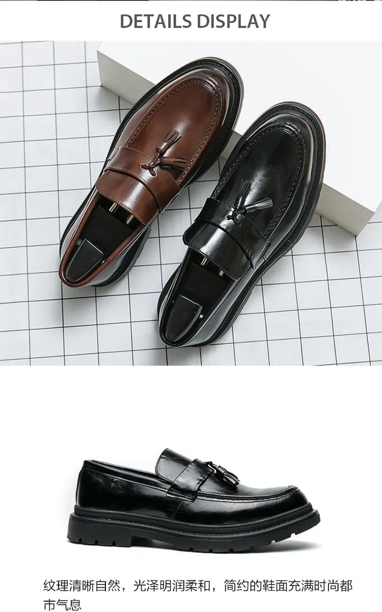 Men's Leather Tassel Platform Slip on Loafers Luxury Round Toe Lug Sole Non-Slip Dress Shoes Casual Low Block Heel Business Work Office Shoes