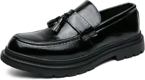 Men's Leather Tassel Platform Slip on Loafers Luxury Round Toe Lug Sole Non-Slip Dress Shoes Casual Low Block Heel Business Work Office Shoes