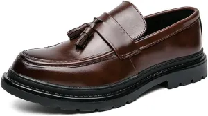 Men's Leather Tassel Platform Slip on Loafers Luxury Round Toe Lug Sole Non-Slip Dress Shoes Casual Low Block Heel Business Work Office Shoes