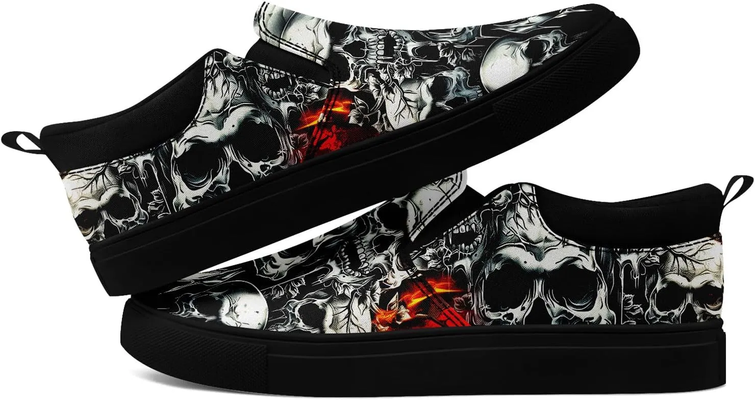 Men's Slip-On Canvas Shoes Gothic Skull Print Casual Lightweight Loafers Comfortable Walking Sneaker for Women