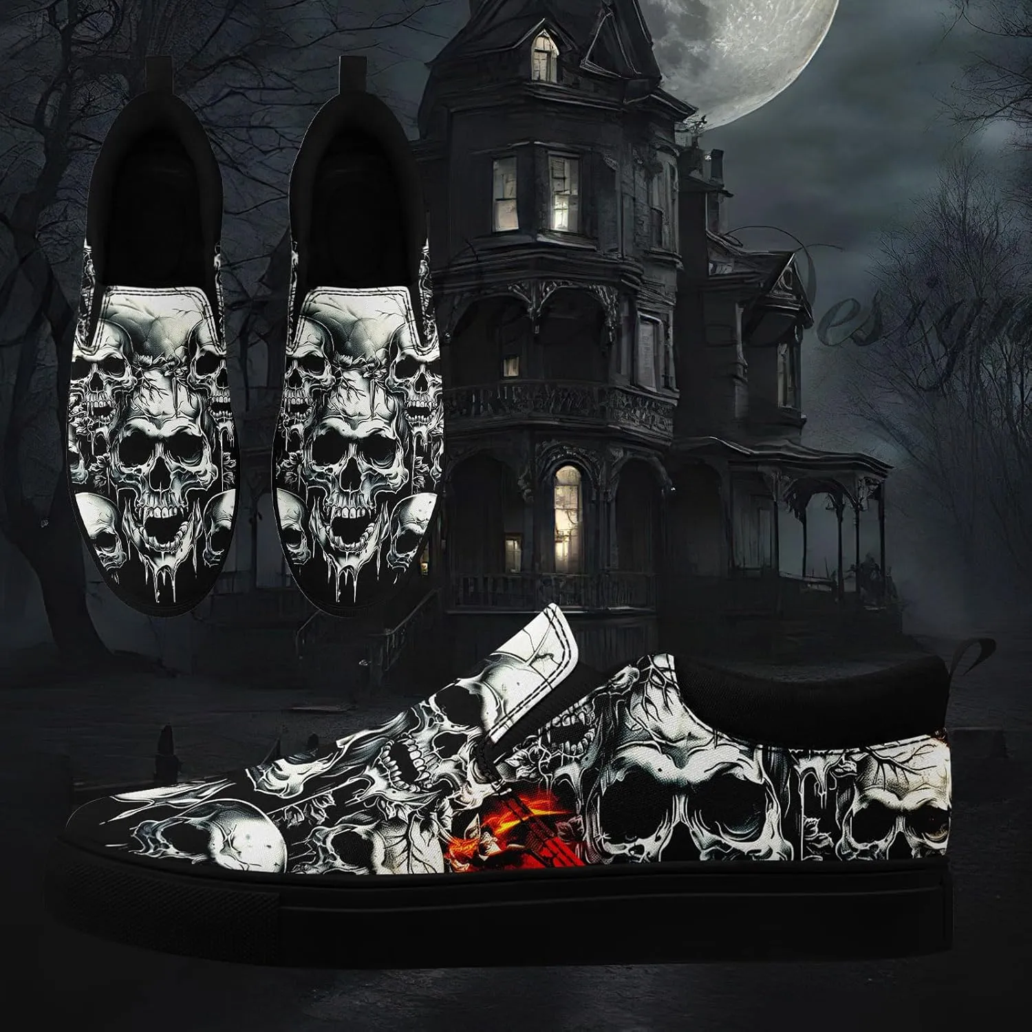 Men's Slip-On Canvas Shoes Gothic Skull Print Casual Lightweight Loafers Comfortable Walking Sneaker for Women