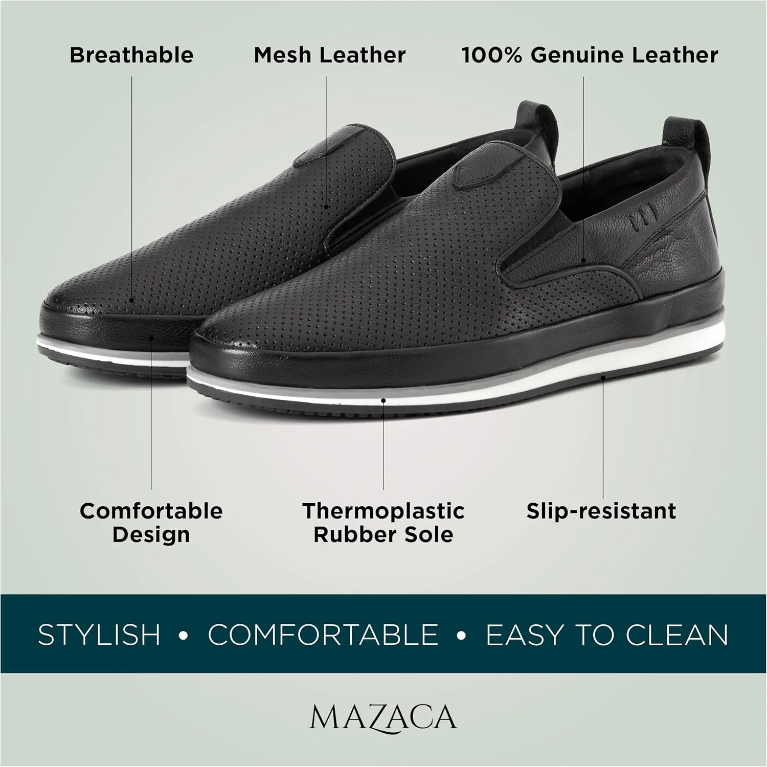 Men's Slip-On Loafers, Classic Fashion Sneakers, Flats Casual Lightweight Comfortable Breathable Mesh Perfed Leather Upper, Lining and Insole, Thermoplastic Sole