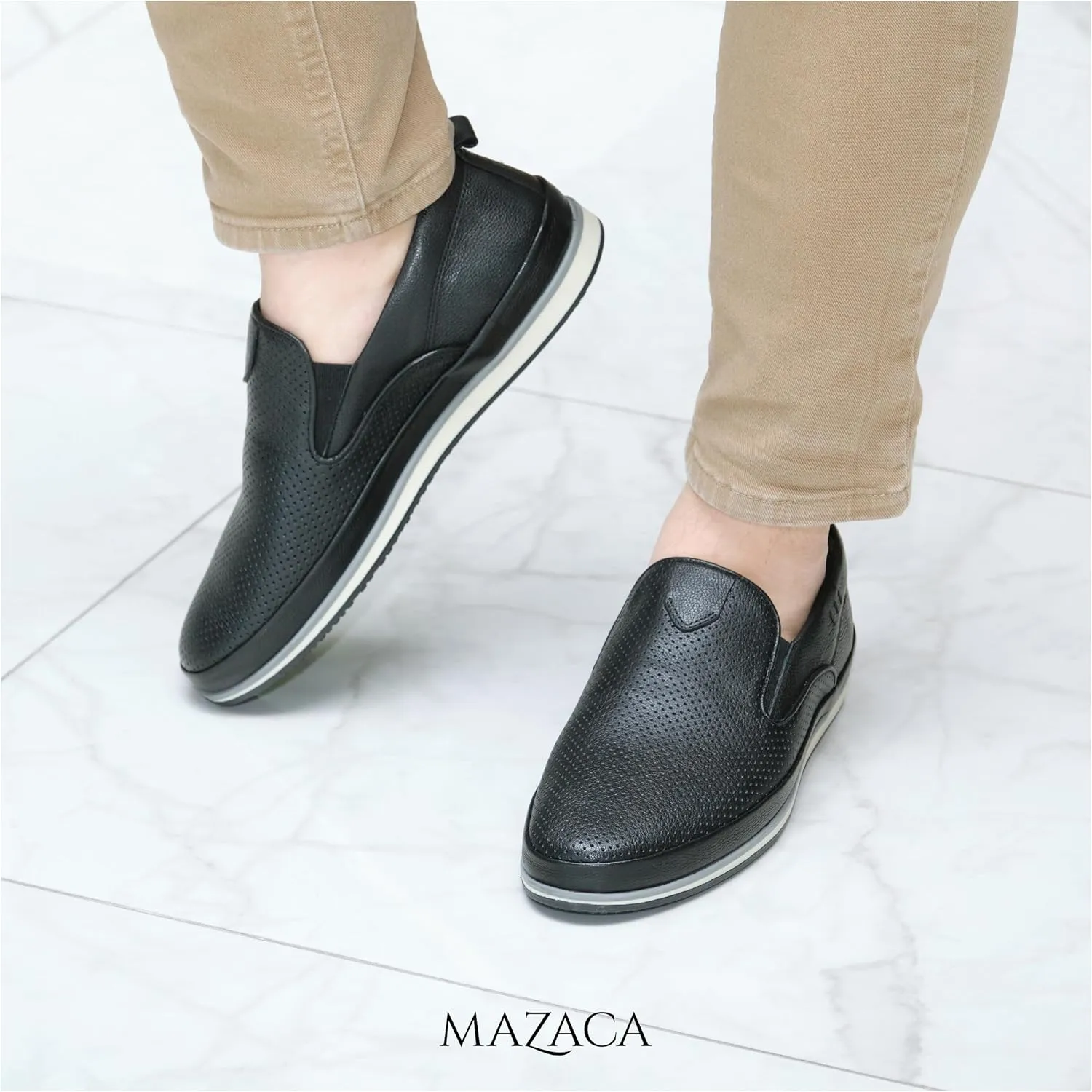 Men's Slip-On Loafers, Classic Fashion Sneakers, Flats Casual Lightweight Comfortable Breathable Mesh Perfed Leather Upper, Lining and Insole, Thermoplastic Sole