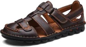 Mens Summer Casual Closed Toe Leather Sandals Outdoor Fisherman Adjustable Beach Shoes