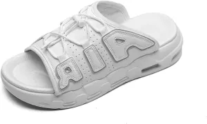 Men's Thick Slippers - Breathable Perforated Leather Sandals with Adjustable Shoelaces Indoor/Outdoor Non Slip Sole(White1,6.5)