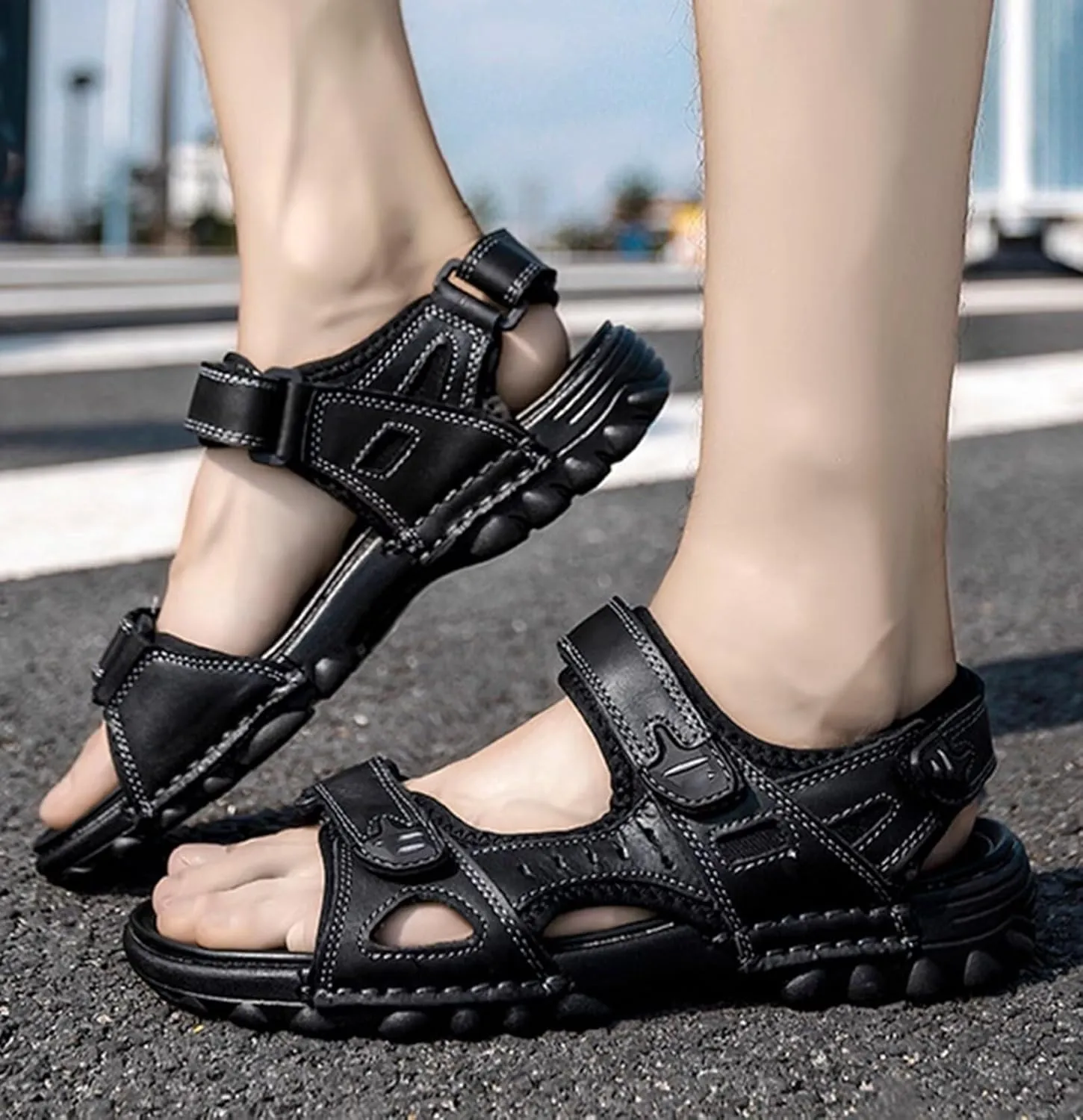 Mens Trekking Walking Sandals Athletic Outdoor Hiking Sandals Leather Beach Shoes Casual Sandals