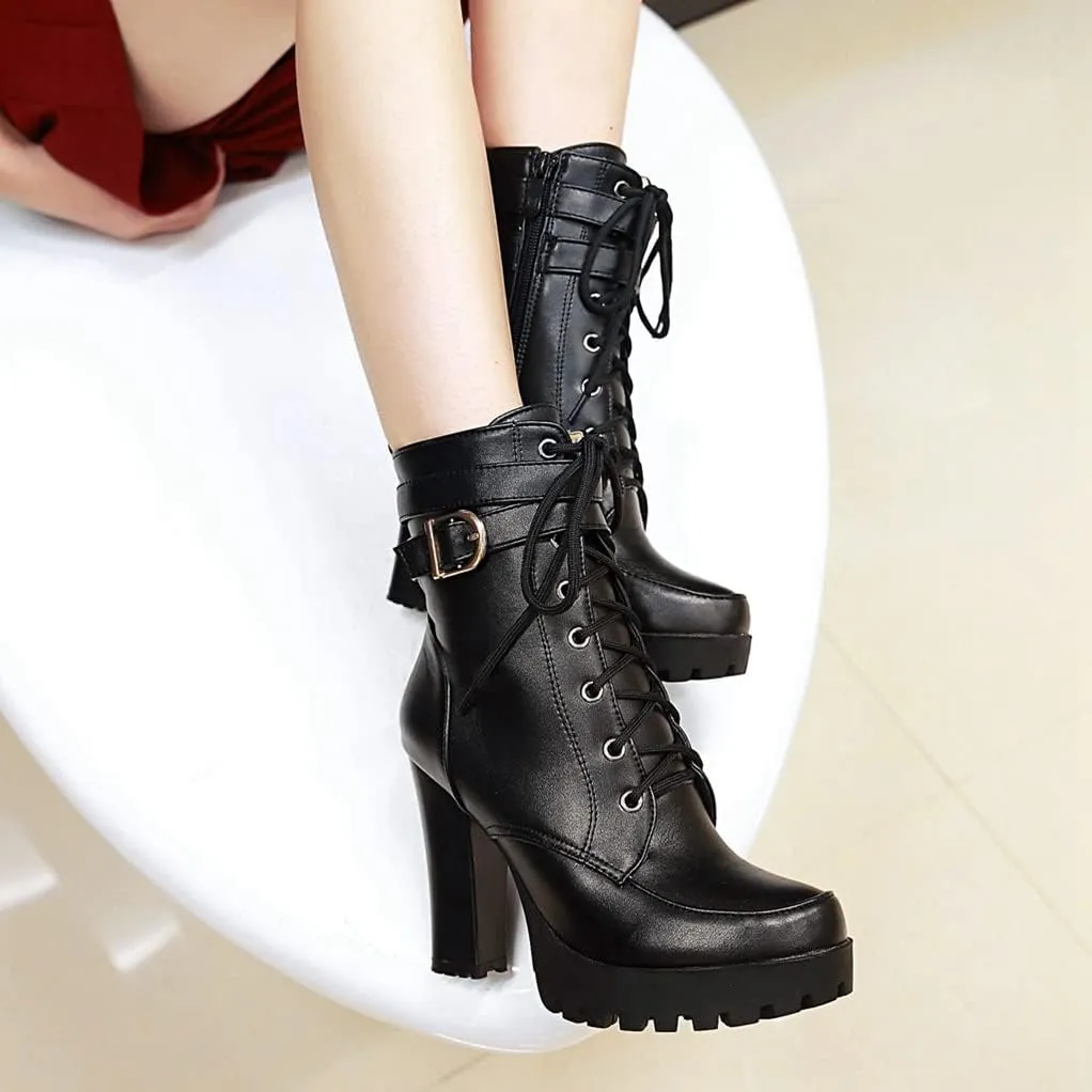 MIOKE Women's Round Toe Platform Dressy Ankle Boots Lace Up Zipper Chunky Block High Heel Dress Short Bootie