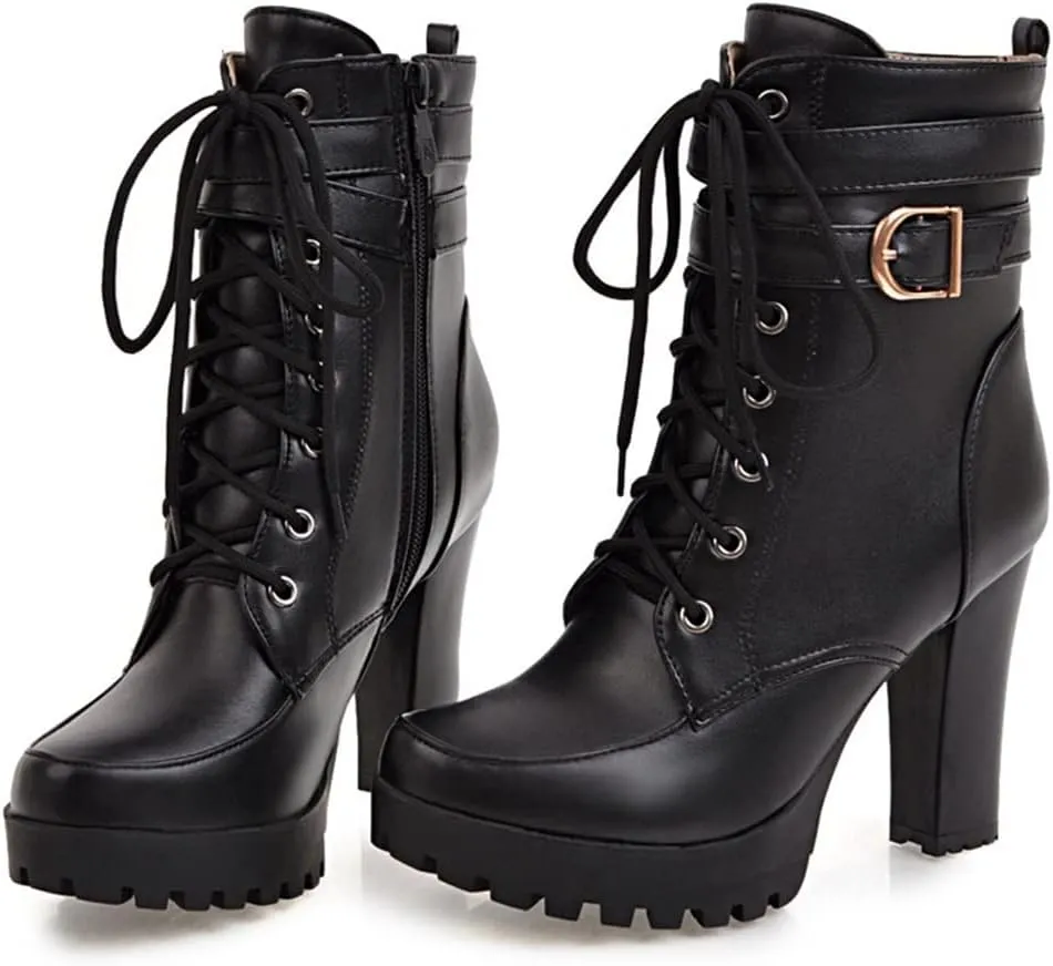 MIOKE Women's Round Toe Platform Dressy Ankle Boots Lace Up Zipper Chunky Block High Heel Dress Short Bootie