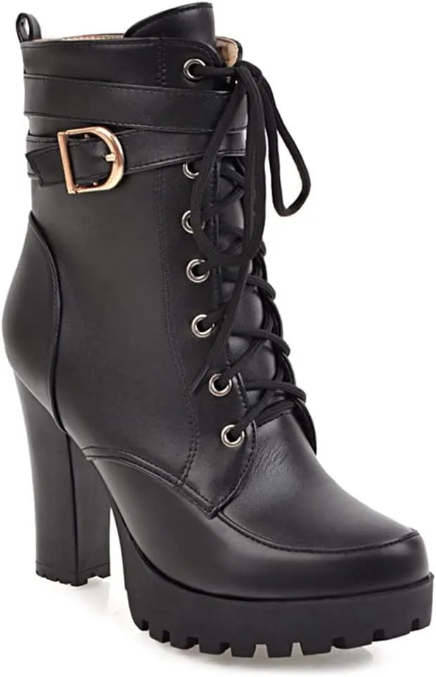 MIOKE Women's Round Toe Platform Dressy Ankle Boots Lace Up Zipper Chunky Block High Heel Dress Short Bootie