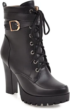 MIOKE Women's Round Toe Platform Dressy Ankle Boots Lace Up Zipper Chunky Block High Heel Dress Short Bootie