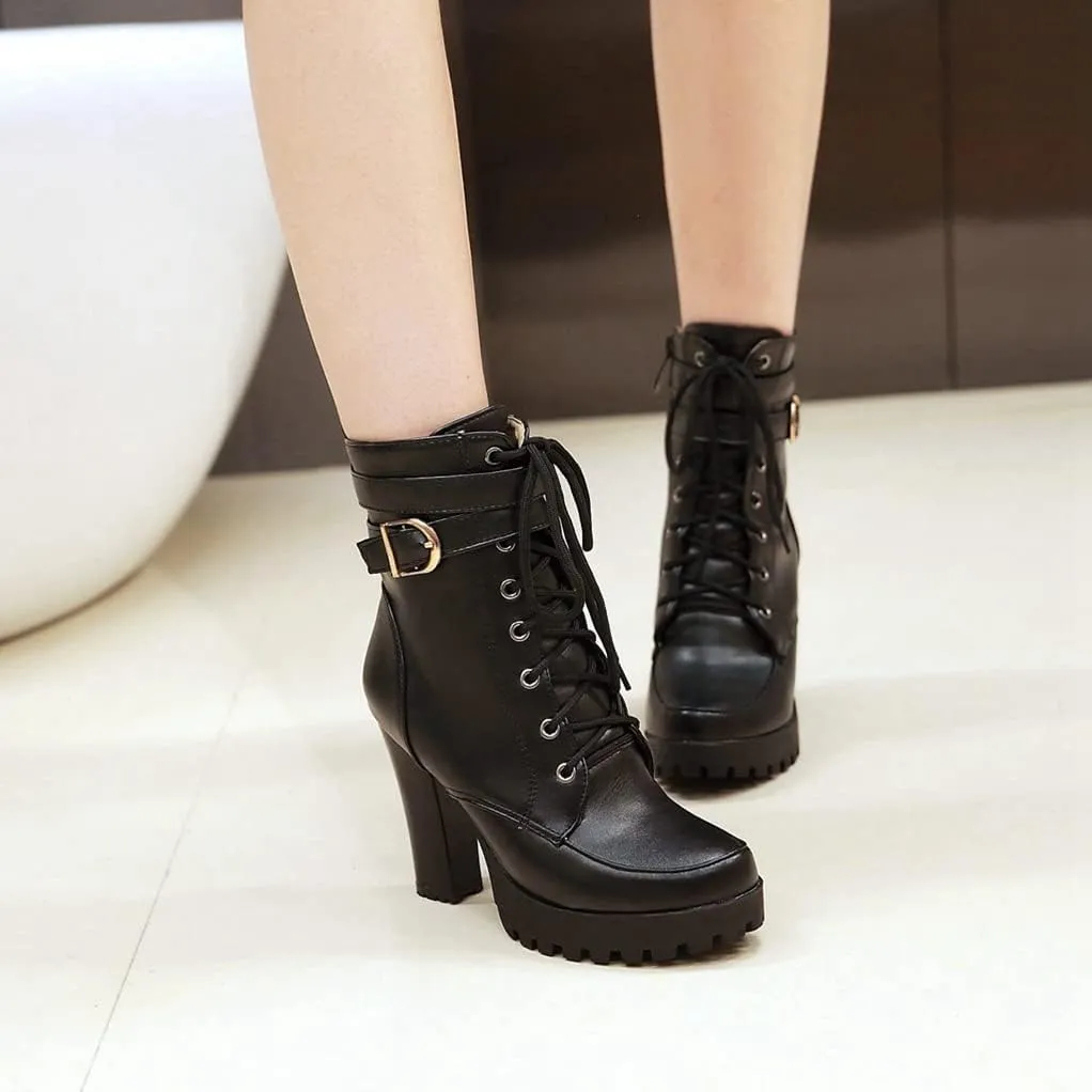 MIOKE Women's Round Toe Platform Dressy Ankle Boots Lace Up Zipper Chunky Block High Heel Dress Short Bootie