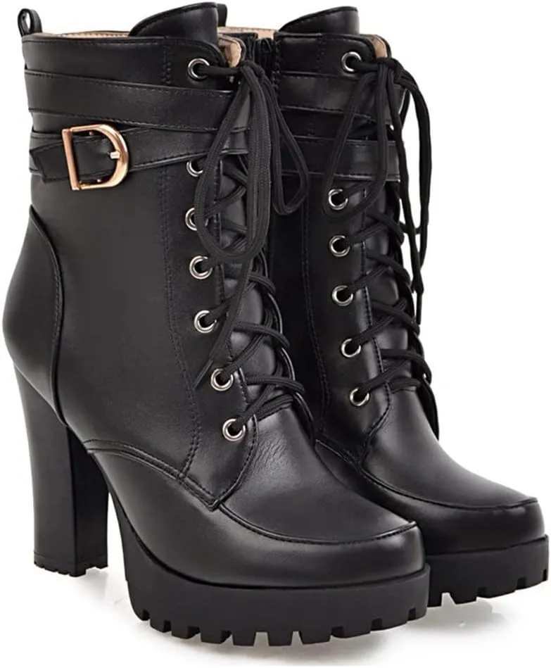 MIOKE Women's Round Toe Platform Dressy Ankle Boots Lace Up Zipper Chunky Block High Heel Dress Short Bootie