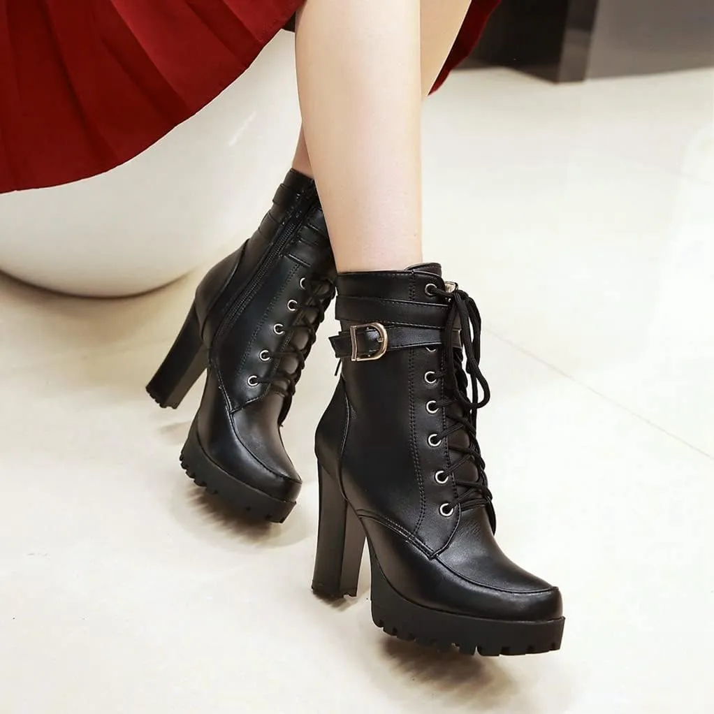 MIOKE Women's Round Toe Platform Dressy Ankle Boots Lace Up Zipper Chunky Block High Heel Dress Short Bootie