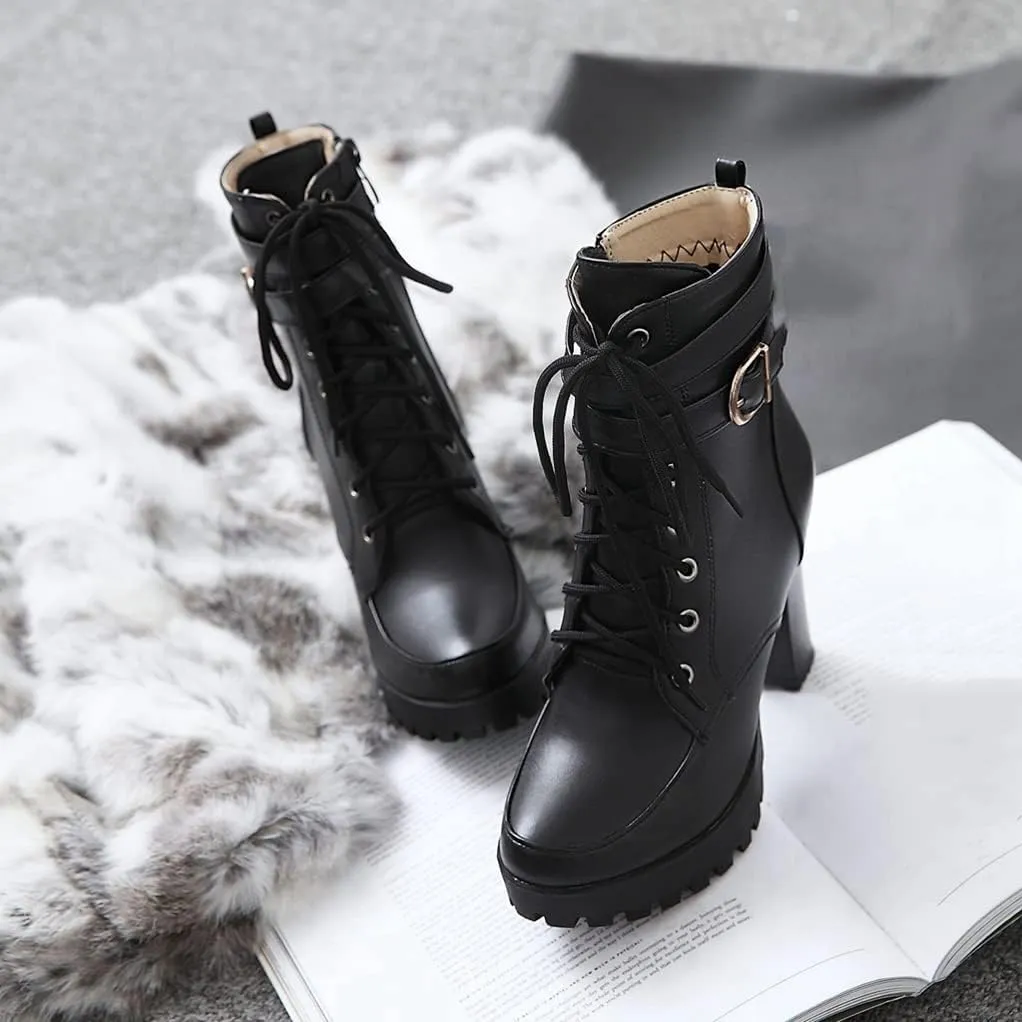 MIOKE Women's Round Toe Platform Dressy Ankle Boots Lace Up Zipper Chunky Block High Heel Dress Short Bootie