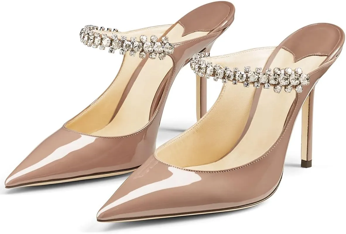MIRAAZZURRA Women Heeled Mules Rhinestone Strappy Pointed Toe Mules Stiletto High Heels Slip On Bridal Sandals for Women