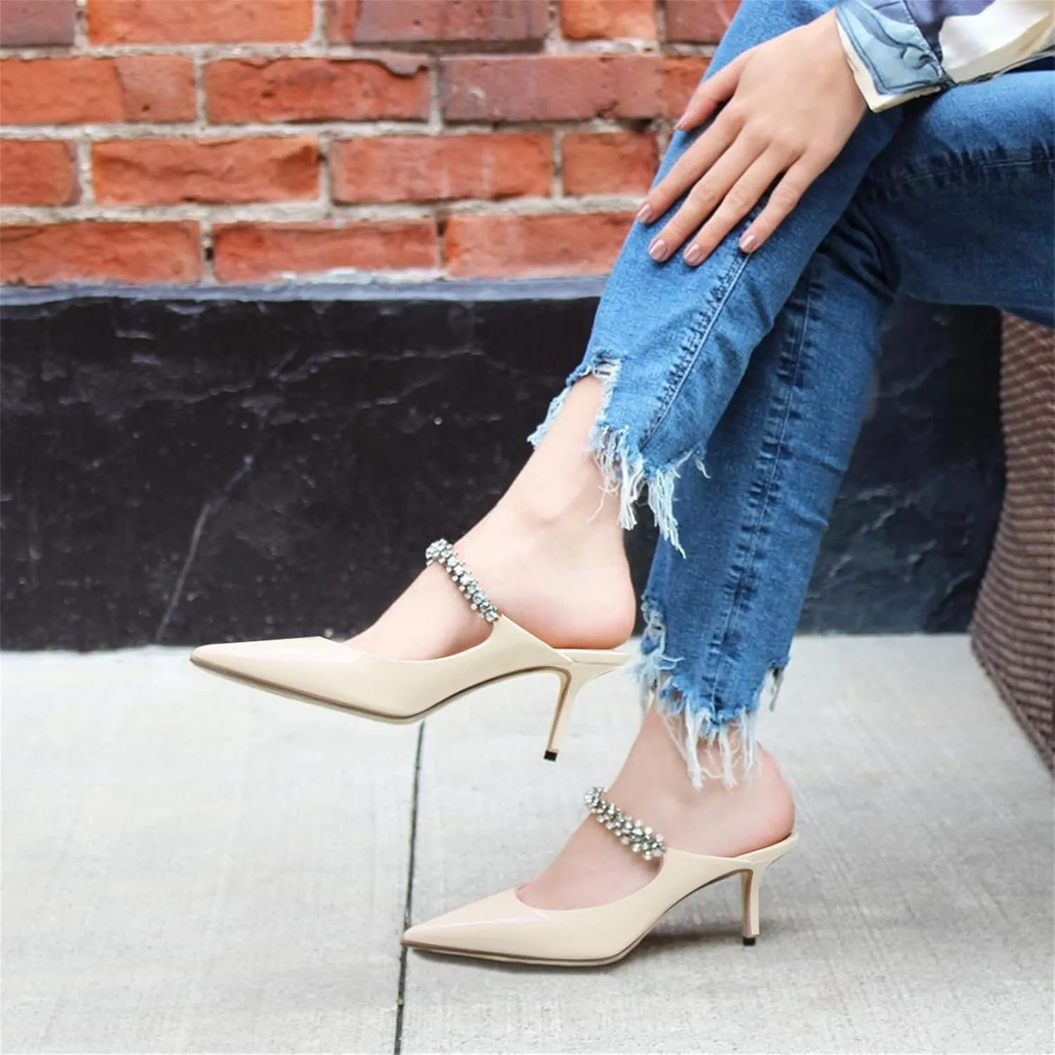MIRAAZZURRA Women Heeled Mules Rhinestone Strappy Pointed Toe Mules Stiletto High Heels Slip On Bridal Sandals for Women