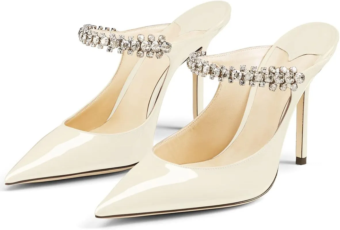 MIRAAZZURRA Women Heeled Mules Rhinestone Strappy Pointed Toe Mules Stiletto High Heels Slip On Bridal Sandals for Women