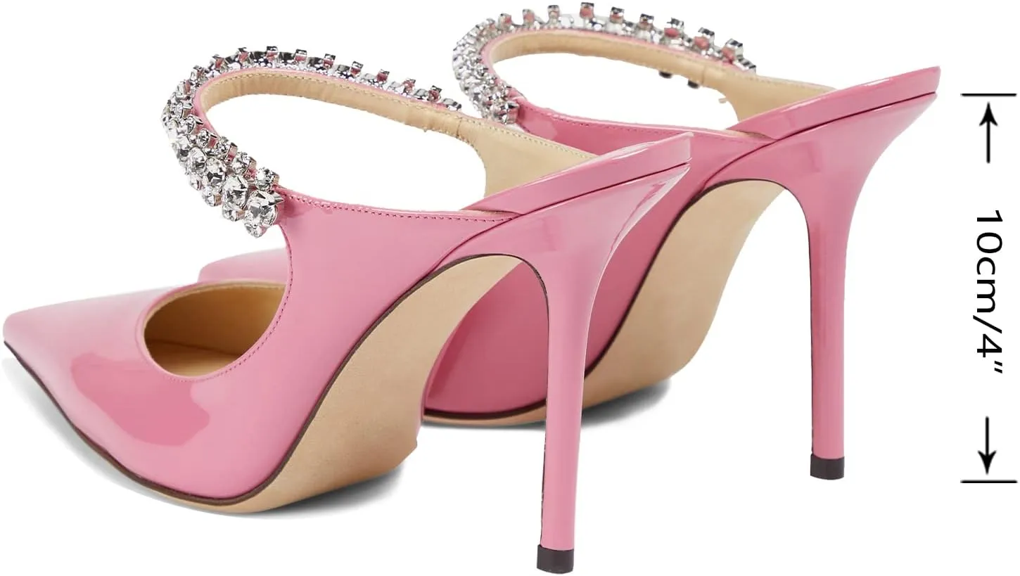 MIRAAZZURRA Women Heeled Mules Rhinestone Strappy Pointed Toe Mules Stiletto High Heels Slip On Bridal Sandals for Women
