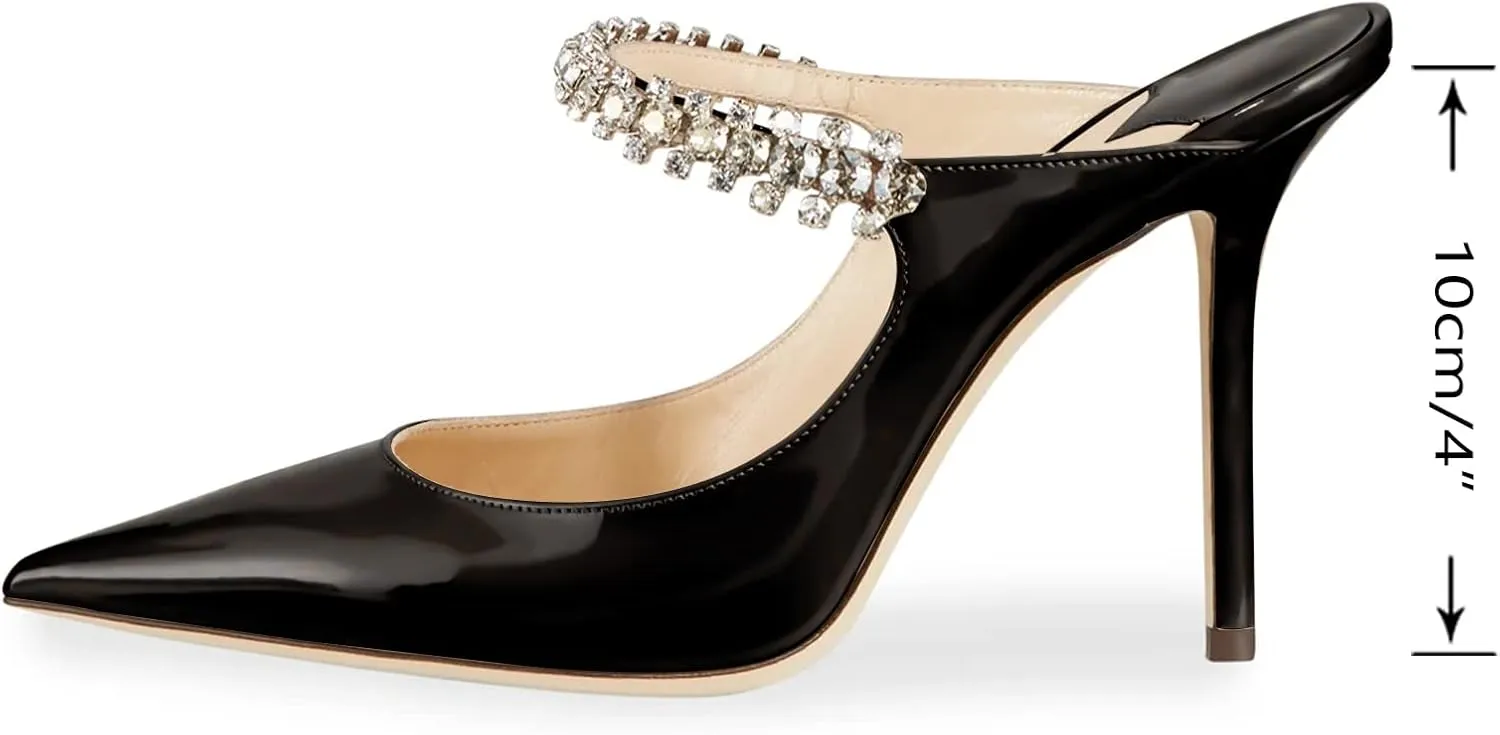 MIRAAZZURRA Women Heeled Mules Rhinestone Strappy Pointed Toe Mules Stiletto High Heels Slip On Bridal Sandals for Women