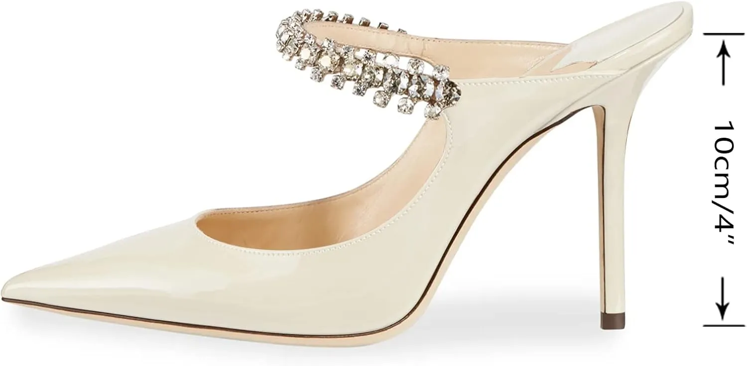 MIRAAZZURRA Women Heeled Mules Rhinestone Strappy Pointed Toe Mules Stiletto High Heels Slip On Bridal Sandals for Women