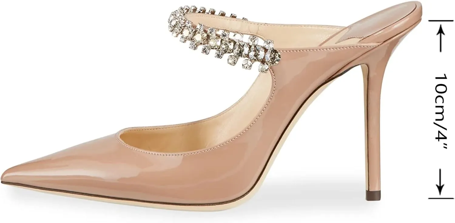 MIRAAZZURRA Women Heeled Mules Rhinestone Strappy Pointed Toe Mules Stiletto High Heels Slip On Bridal Sandals for Women