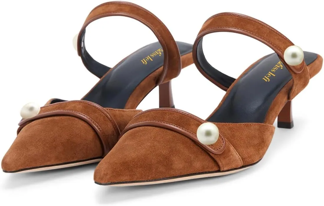 miss left Women Pointed Toe Slip on Pearl Mules Kitten Low Heel Soft Insole Comfortable Summer Leisure Slide Sandals Size 4-16 US