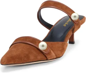 miss left Women Pointed Toe Slip on Pearl Mules Kitten Low Heel Soft Insole Comfortable Summer Leisure Slide Sandals Size 4-16 US