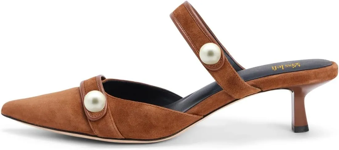 miss left Women Pointed Toe Slip on Pearl Mules Kitten Low Heel Soft Insole Comfortable Summer Leisure Slide Sandals Size 4-16 US