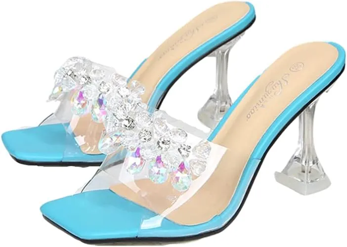 MissHeel Clear Chunky Heel Slip On Sandals with Crystals