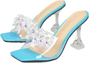 MissHeel Clear Chunky Heel Slip On Sandals with Crystals