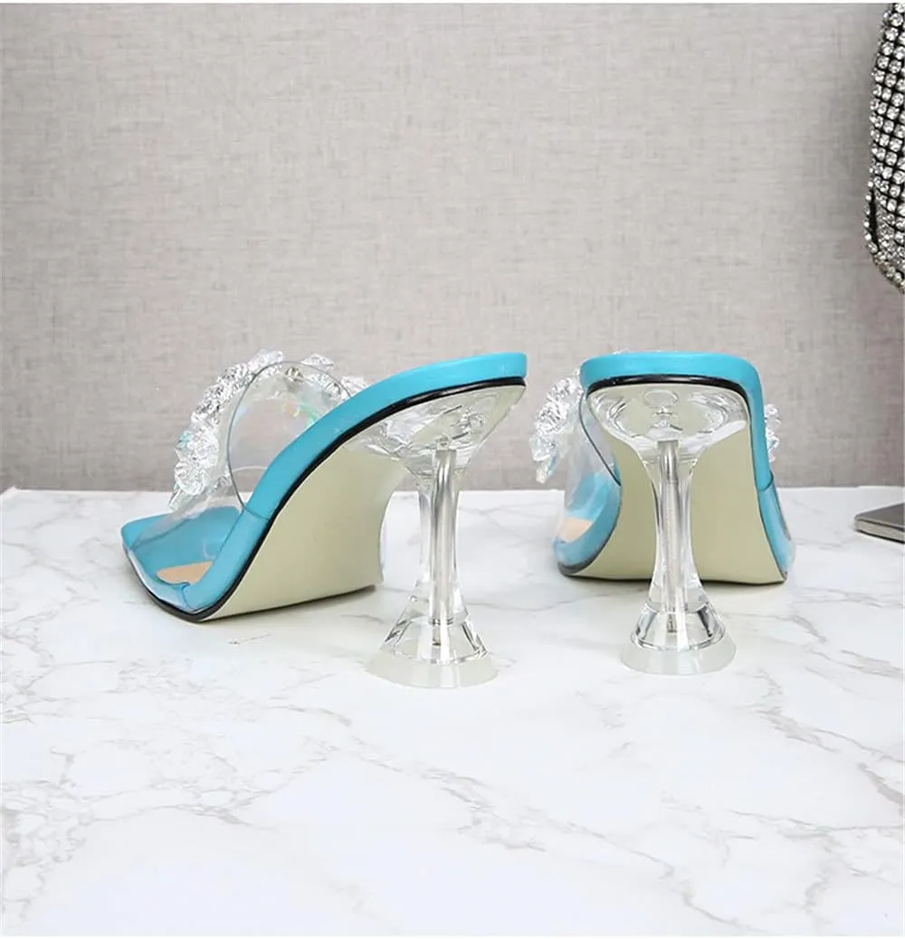 MissHeel Clear Chunky Heel Slip On Sandals with Crystals