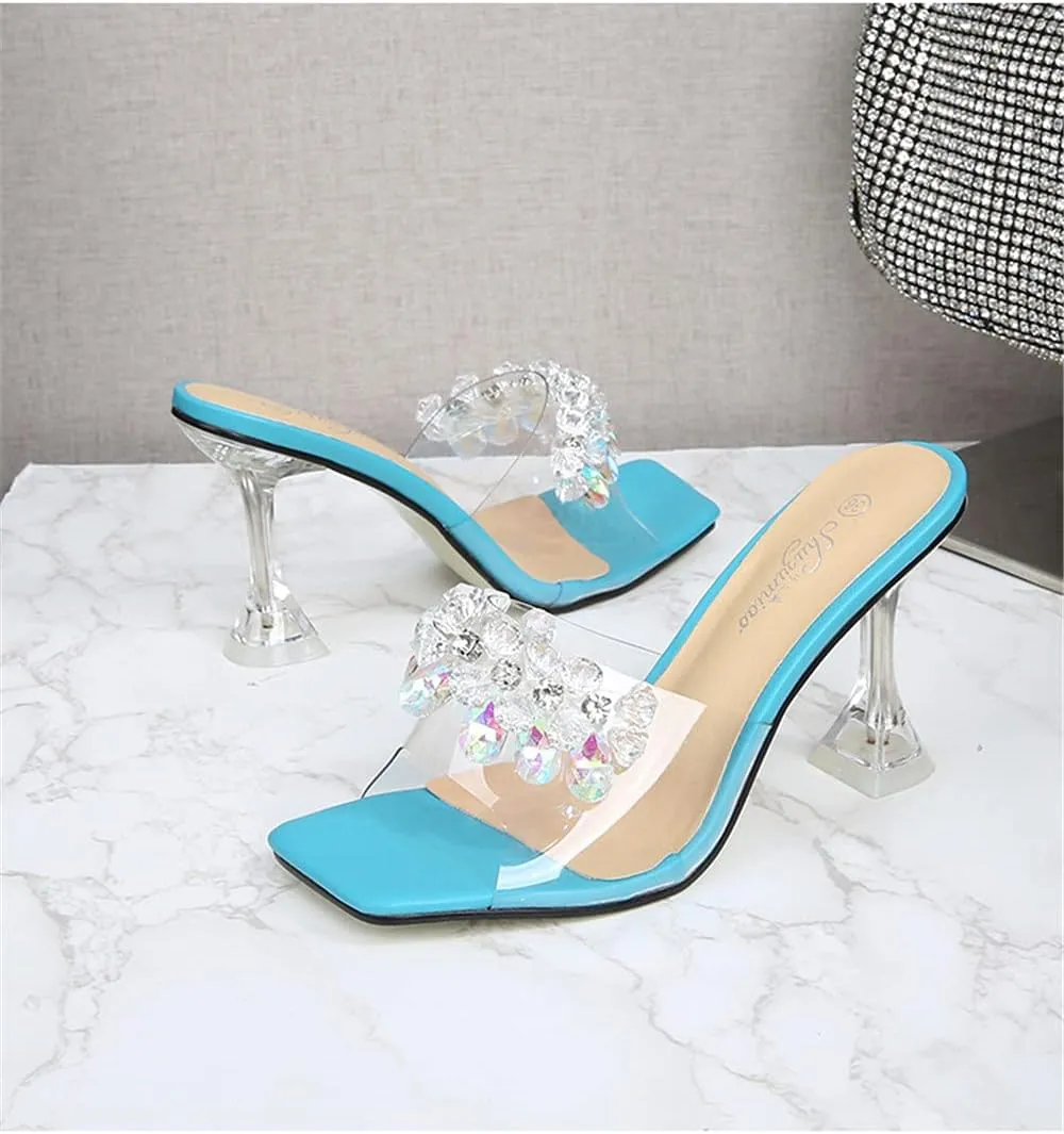 MissHeel Clear Chunky Heel Slip On Sandals with Crystals