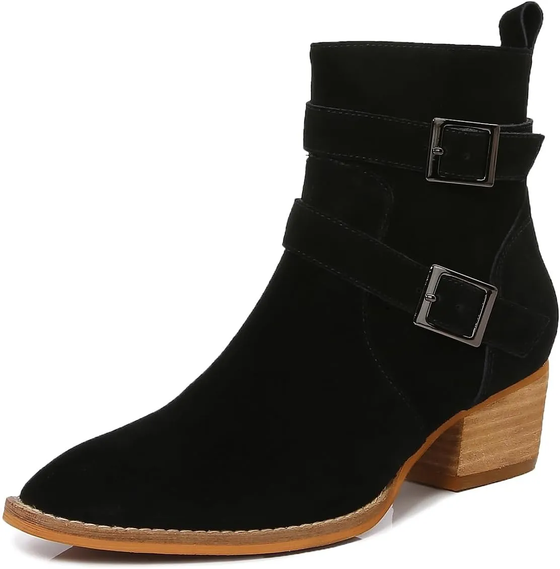 mm Women's Leather Ankle Boots with Adjustable Buckles, Classic Pointed Toe Chunky Wooden Low Heel Side Zipper Casual Chelsea Western Booties for Ladies Fall,Khaki Black