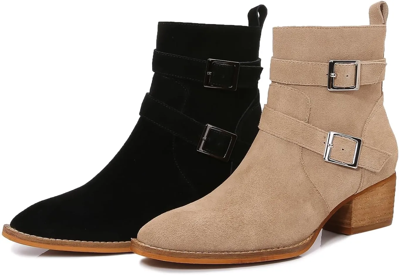 mm Women's Leather Ankle Boots with Adjustable Buckles, Classic Pointed Toe Chunky Wooden Low Heel Side Zipper Casual Chelsea Western Booties for Ladies Fall,Khaki Black