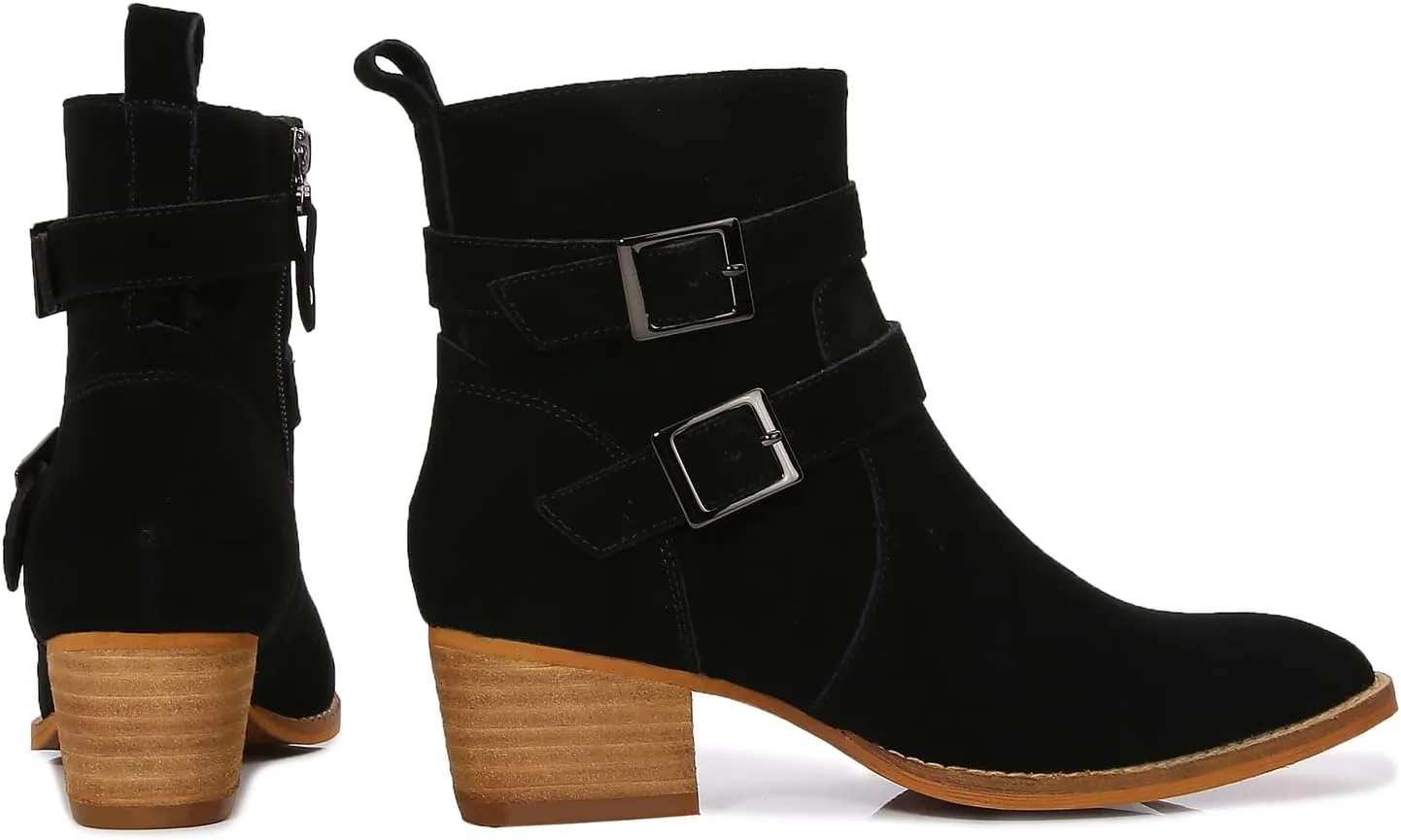 mm Women's Leather Ankle Boots with Adjustable Buckles, Classic Pointed Toe Chunky Wooden Low Heel Side Zipper Casual Chelsea Western Booties for Ladies Fall,Khaki Black