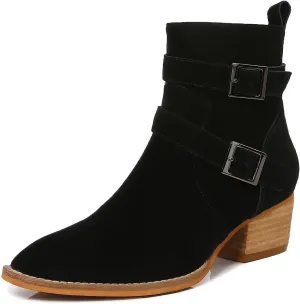 mm Women's Leather Ankle Boots with Adjustable Buckles, Classic Pointed Toe Chunky Wooden Low Heel Side Zipper Casual Chelsea Western Booties for Ladies Fall,Khaki Black