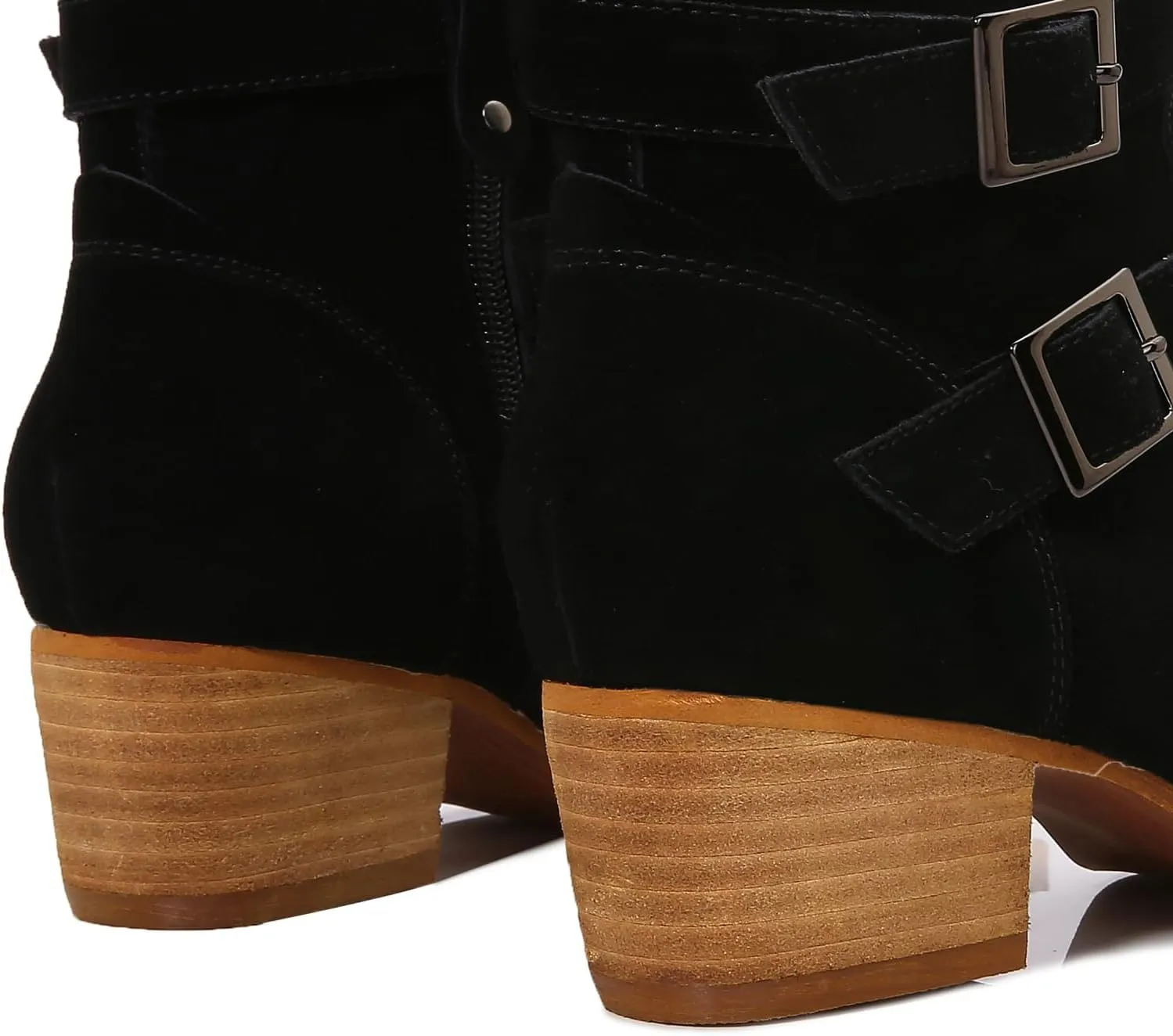 mm Women's Leather Ankle Boots with Adjustable Buckles, Classic Pointed Toe Chunky Wooden Low Heel Side Zipper Casual Chelsea Western Booties for Ladies Fall,Khaki Black