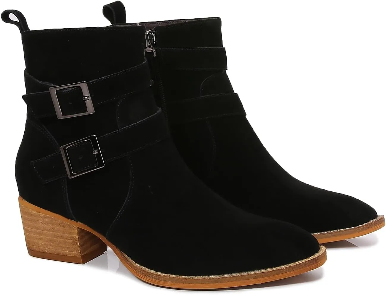 mm Women's Leather Ankle Boots with Adjustable Buckles, Classic Pointed Toe Chunky Wooden Low Heel Side Zipper Casual Chelsea Western Booties for Ladies Fall,Khaki Black