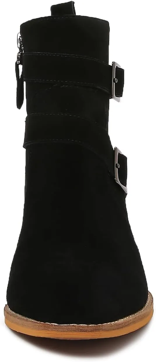 mm Women's Leather Ankle Boots with Adjustable Buckles, Classic Pointed Toe Chunky Wooden Low Heel Side Zipper Casual Chelsea Western Booties for Ladies Fall,Khaki Black
