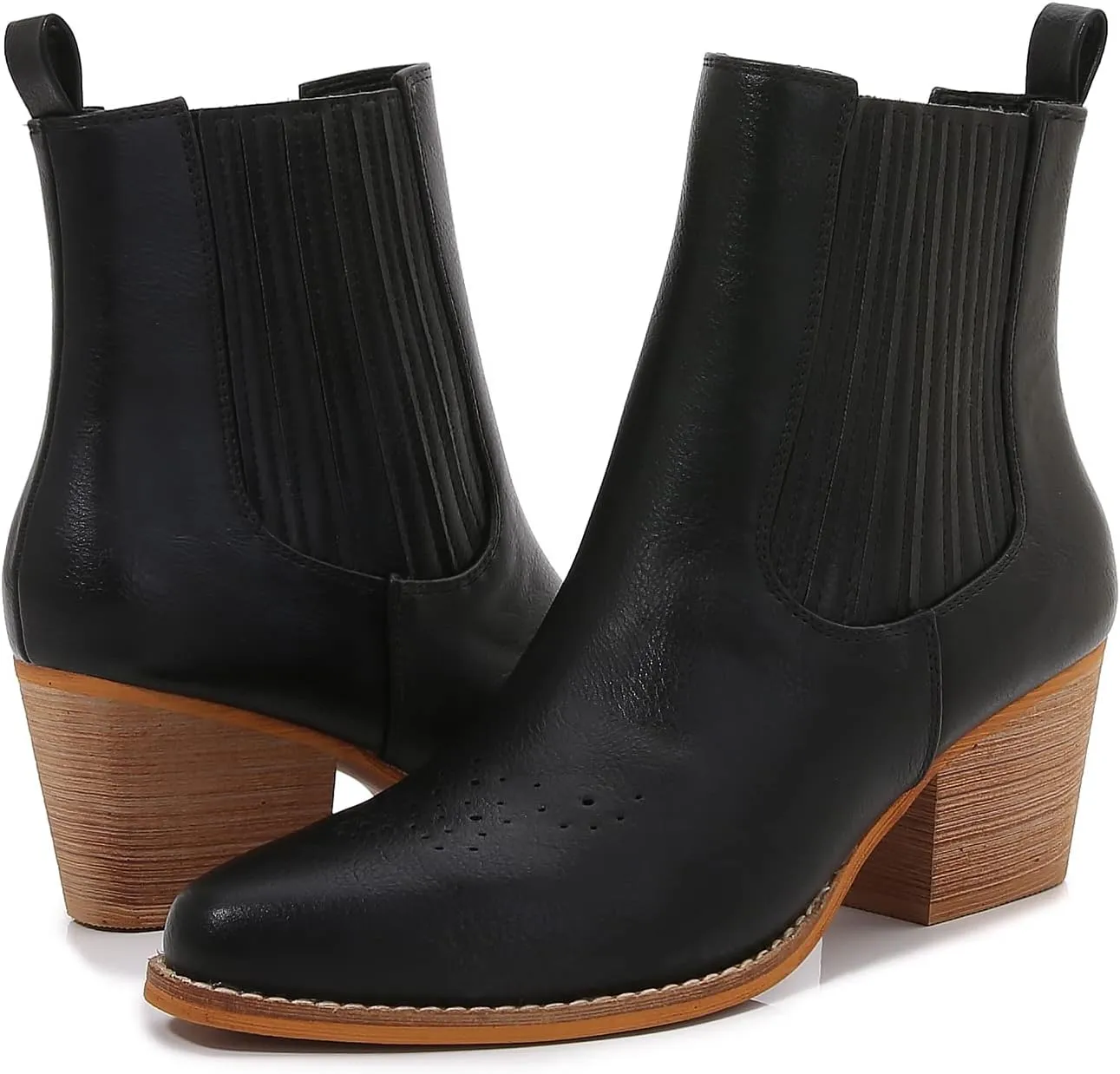 mm Women's Pointed Toe Mid Heels Chelsea Ankle Boots, Slip On Elastic Chunky Block Wooden Heel Short Western Cowboy Short Booties for Ladies, Brown Black White