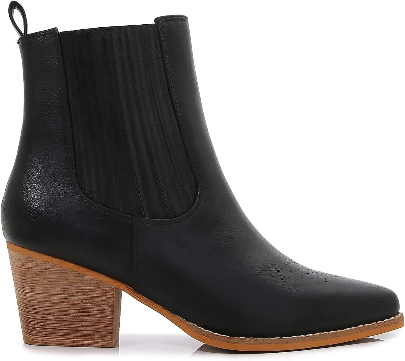 mm Women's Pointed Toe Mid Heels Chelsea Ankle Boots, Slip On Elastic Chunky Block Wooden Heel Short Western Cowboy Short Booties for Ladies, Brown Black White