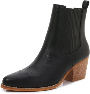 mm Women's Pointed Toe Mid Heels Chelsea Ankle Boots, Slip On Elastic Chunky Block Wooden Heel Short Western Cowboy Short Booties for Ladies, Brown Black White