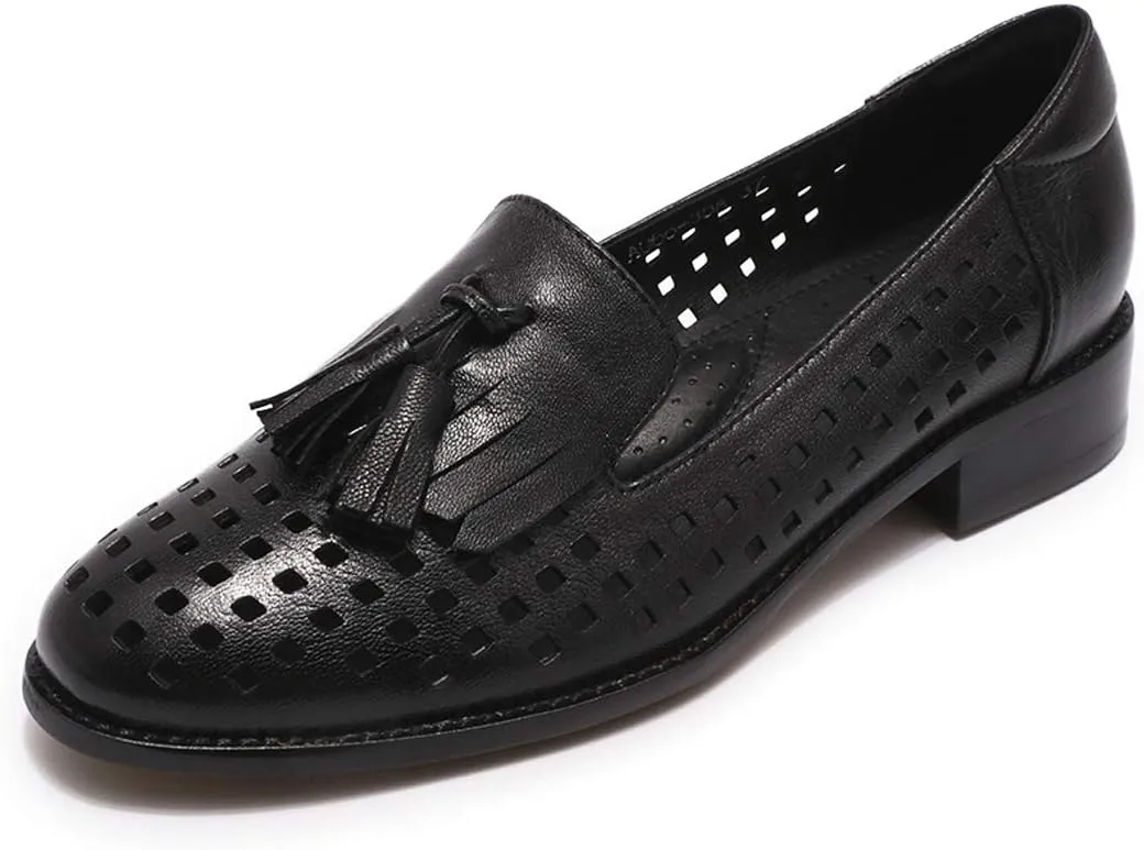 Mona flying Women's Leather Tassel Loafers Slip On Flats Office Ladies Casual Shoes