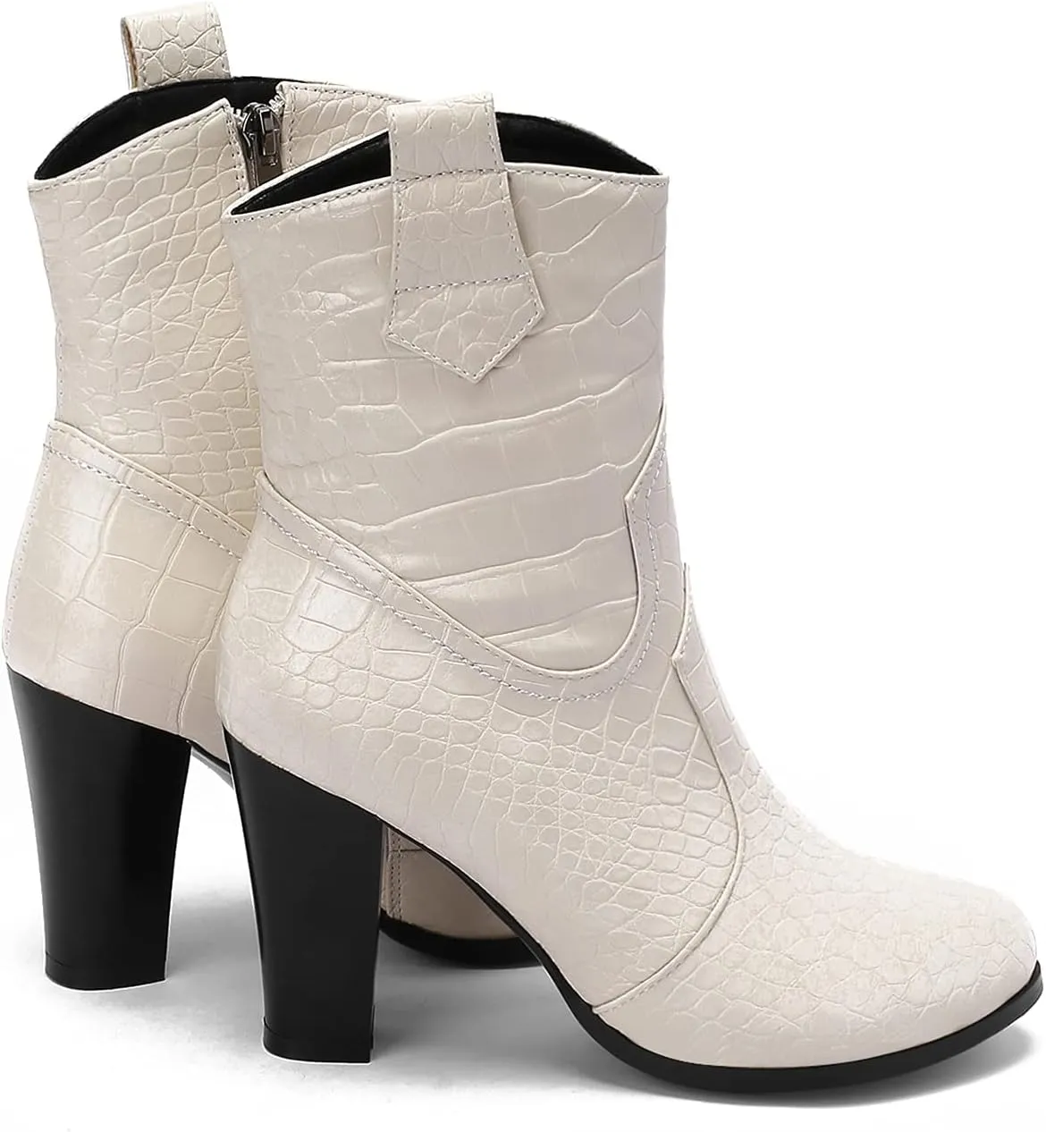 MOOMMO Women Chunky Heel Western Booties Round Toe Crocodile Pattern Zipper Ankle Boots Cowboy 4 Inch High Block Heel Retro Formal Dress Work Winter 4-11 M US