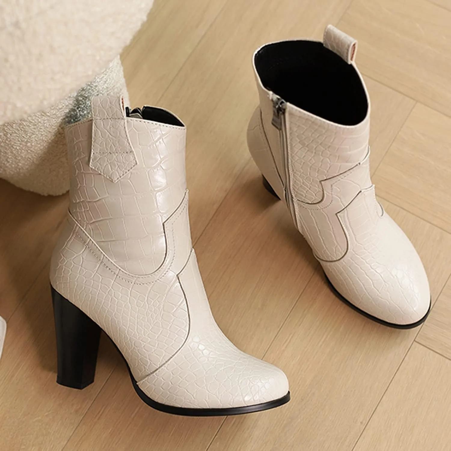 MOOMMO Women Chunky Heel Western Booties Round Toe Crocodile Pattern Zipper Ankle Boots Cowboy 4 Inch High Block Heel Retro Formal Dress Work Winter 4-11 M US