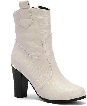 MOOMMO Women Chunky Heel Western Booties Round Toe Crocodile Pattern Zipper Ankle Boots Cowboy 4 Inch High Block Heel Retro Formal Dress Work Winter 4-11 M US
