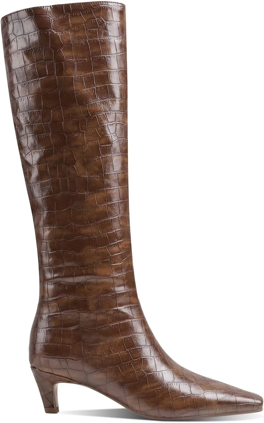 MOOMMO Women Kitten Heel Over Knee High Boots Square Toe Matte Pull On Wide Calf Pleated Low Heel Thigh Boots Stylish Retro Dress Boots Chic Party Comfy 4-11 M US